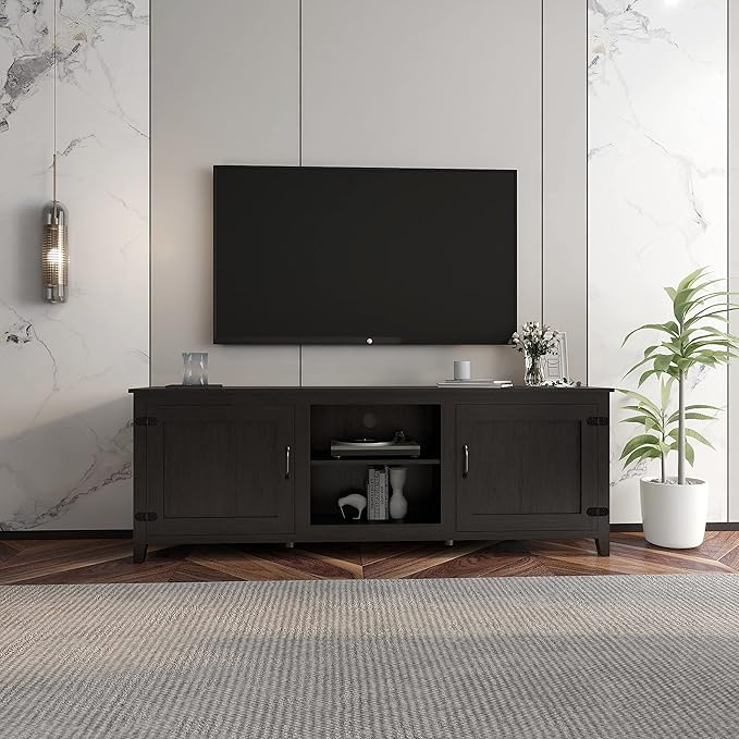 NicBex TV Stand for 60 Inch TV TV Console Table with 2 Doors and 4 Open Storage Compartments Cabinet for TV Box,Entertainment Center with Storage for Living Room,Bedroom,70.08 Inch,Black - LeafyLoom