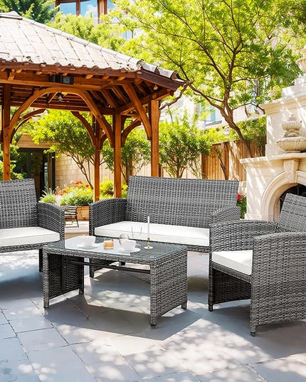 Shintenchi 4-Piece Patio Furniture Set, Outdoor Wicker Patio Conversation Furniture Set with Cushions and Tempered Glass Tabletop for Lawn Backyard Pool Garden,Beige - LeafyLoom