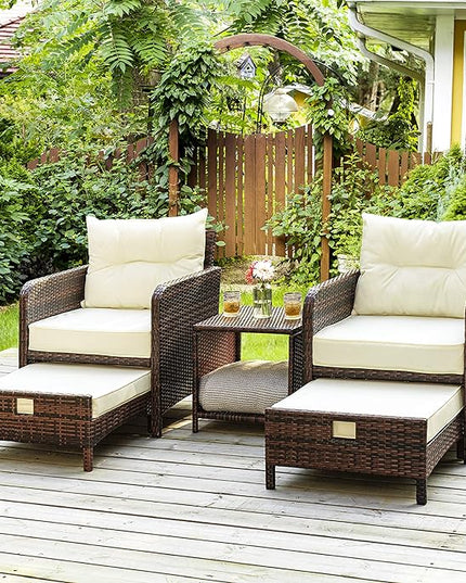 Pamapic 5 Pieces Wicker Patio Furniture Set Outdoor Patio Chairs with Ottomans Conversation Furniture with coffetable for Poorside Garden Balcony(Beige) - LeafyLoom