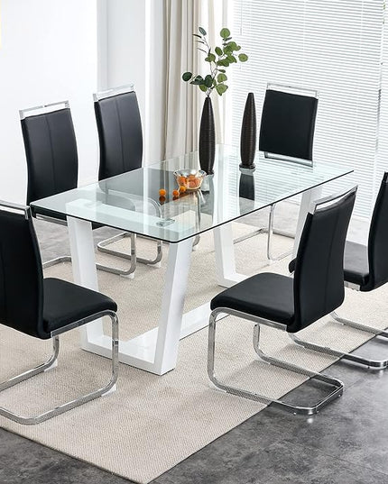 NicBex Glass Dining Table Large Modern Minimalist Rectangular for 6-8 with 0.4" Tempered Glass Tabletop and White MDF Trapezoid Bracket for Kitchen Dining Living Meeting Room Banquet Hall, White - LeafyLoom