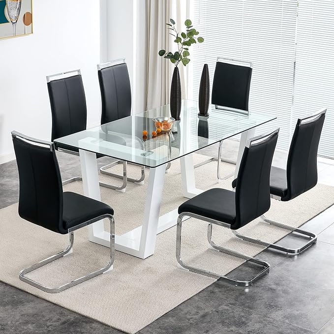 NicBex Glass Dining Table Large Modern Minimalist Rectangular for 6-8 with 0.4" Tempered Glass Tabletop and White MDF Trapezoid Bracket for Kitchen Dining Living Meeting Room Banquet Hall, White - LeafyLoom