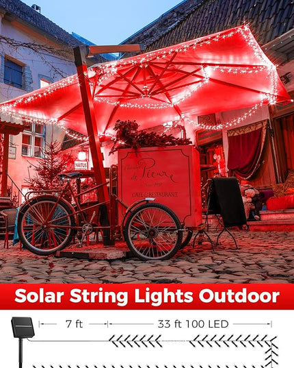 Minetom Solar String Lights Outdoor, 40FT 100 LED String Lights Solar Powered with 8 Lighting Modes, Waterproof Solar Patio Lights Outdoor, Solar String Lights for Outside Tree Yard, Red Minetom