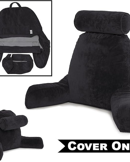 Husband Pillow XXL Cover Only Black, Cozy Microfiber Bed Rest Pillow Cover with Arms - Array of Colors - Generous Side and Back Pockets for Your Favorite Comfy Reading Pillow - LeafyLoom