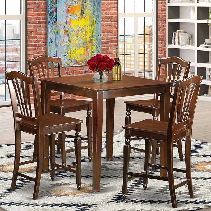 East West Furniture Vernon 5 Piece Counter Height Set Includes a Square Kitchen Table and 4 Dining Room Chairs, 36x36 Inch, Mahogany - LeafyLoom