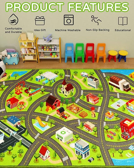 Kids Rugs Traffic Road Carpet for Car City Map Play Rug 5'×6.7' for Playroom Educational Mat Area Rug, Kid Playtime Collection Toddler Car Track Rug Cute Cartoon (City Road A, 59×78.7 in) - LeafyLoom