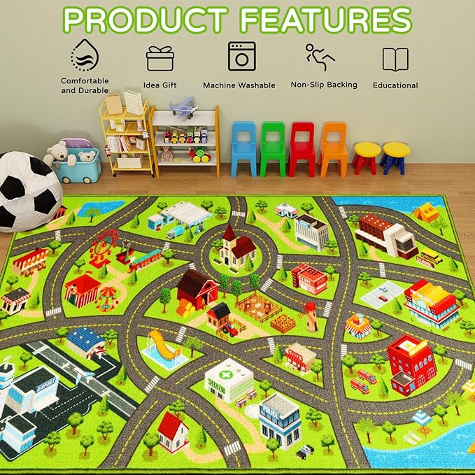 Kids Rugs Traffic Road Carpet for Car City Map Play Rug 3.3'×5' for Playroom Educational Mat Area Rug, Kid Playtime Collection Toddler Car Track Rug Cute Cartoon (City Road A, 39.4×59 in) - LeafyLoom