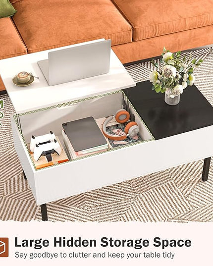 Lift Top Coffee Table with Storage, Black and White Modern Coffee Table for Living Room & Small Space, Wood Lifting Top Coffee Table with Adjustable Metal Legs, Open Shelf - LeafyLoom