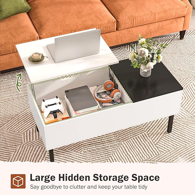Lift Top Coffee Table with Storage, Black and White Modern Coffee Table for Living Room & Small Space, Wood Lifting Top Coffee Table with Adjustable Metal Legs, Open Shelf - LeafyLoom