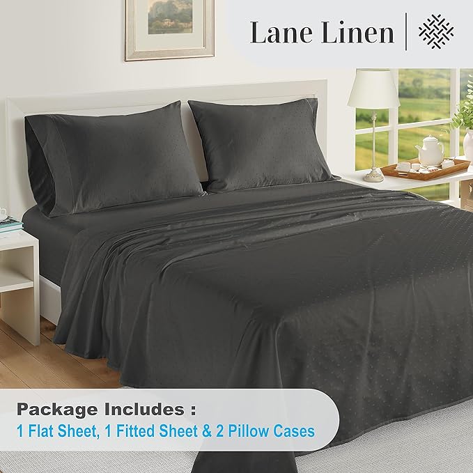 LANE LINEN 100% Egyptian Cotton Bed Sheets - 1000 Thread Count 4PC Queen Sheets Set, Long Staple Cotton Bedding Sheets, Sateen Weave, Luxury Hotel Sheets, Deep Pocket, Swiss Dot - Charcoal - LeafyLoom