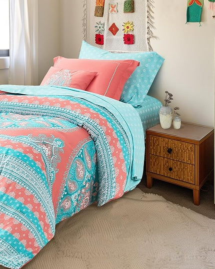 Degrees of Comfort Bed in a Bag Twin XL, Boho Medallion Comforter Sets for college girls, Microfiber 6 Pieces Bedding Set with Sheet, Matching Decorative Pillow, Coral - LeafyLoom