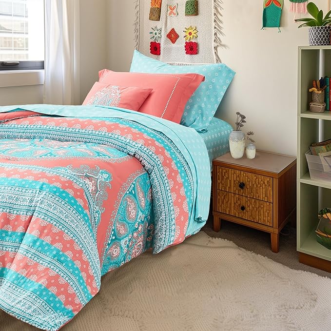 Degrees of Comfort Bed in a Bag Twin XL, Boho Medallion Comforter Sets for college girls, Microfiber 6 Pieces Bedding Set with Sheet, Matching Decorative Pillow, Coral - LeafyLoom