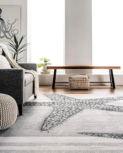nuLOOM Starfish and Stripes Machine Washable Ultra Thin Area Rug, 5' x 8', Light Grey - LeafyLoom