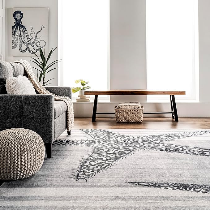 nuLOOM Starfish and Stripes Machine Washable Ultra Thin Area Rug, 5' x 8', Light Grey - LeafyLoom