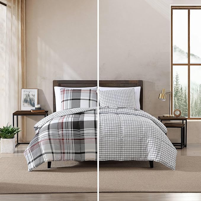 Eddie Bauer- Queen Comforter Set, Reversible Microsuede Bedding with Matching Sham(s), Casual Home Decor (Normandy Plaid Black, Queen) - LeafyLoom