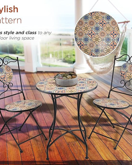 Alpine Corporation Indoor/Outdoor Mediterranean Tile Design Set Table and Chairs Patio Seating - LeafyLoom