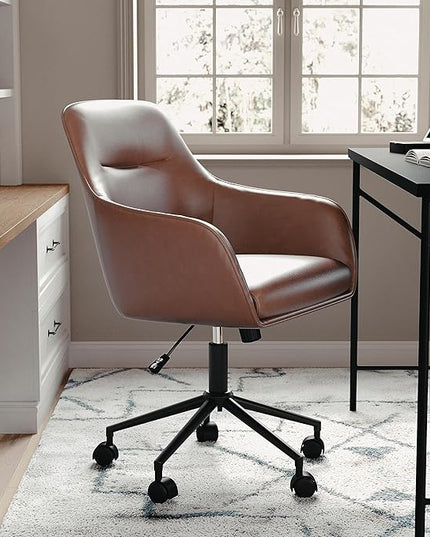 Martha Stewart Rayna Swivel Task Chair with Flared Arms for Home Office in Saddle Brown Faux Leather with Oil Rubbed Bronze Frame - LeafyLoom