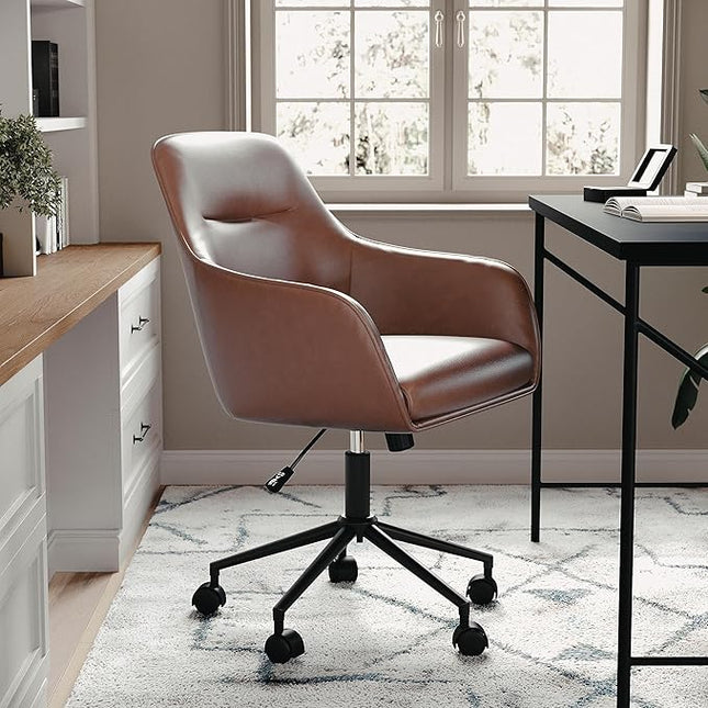 Martha Stewart Rayna Swivel Task Chair with Flared Arms for Home Office in Saddle Brown Faux Leather with Oil Rubbed Bronze Frame - LeafyLoom