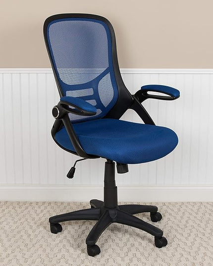 Flash Furniture Porter High-Back Swivel Office Chair with Adjustable Lumbar Support and Seat Height, Ergonomic Mesh Desk Chair with Flip-Up Armrests, Blue/Black - LeafyLoom