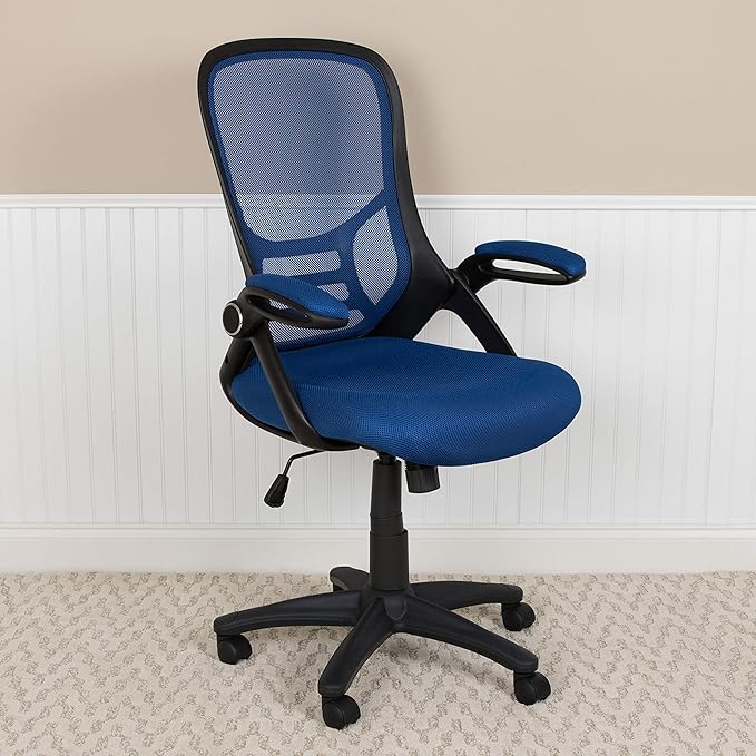 Flash Furniture Porter High-Back Swivel Office Chair with Adjustable Lumbar Support and Seat Height, Ergonomic Mesh Desk Chair with Flip-Up Armrests, Blue/Black - LeafyLoom