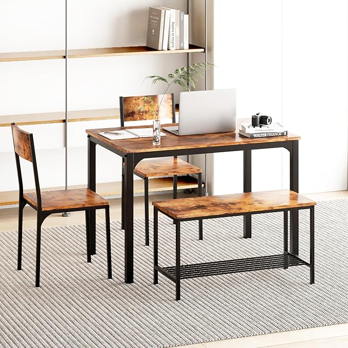 sogesfurniture Modern 4-Piece Kitchen Dining Table Set with 1 Bench and 2 Chairs, Kitchen Bench Table Set for 4, Wooden Kitchen Table and Chairs for Limited Space,Rustic Brown - LeafyLoom