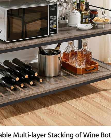Yaheetech Kitchen Cart with Power Outlet, Rolling Kitchen Island on Wheels with Glass Holder & Hooks, Utility Trolley Cart Coffee Bar Microwave Stand Cart with Lockable Casters, Taupe Wood - LeafyLoom