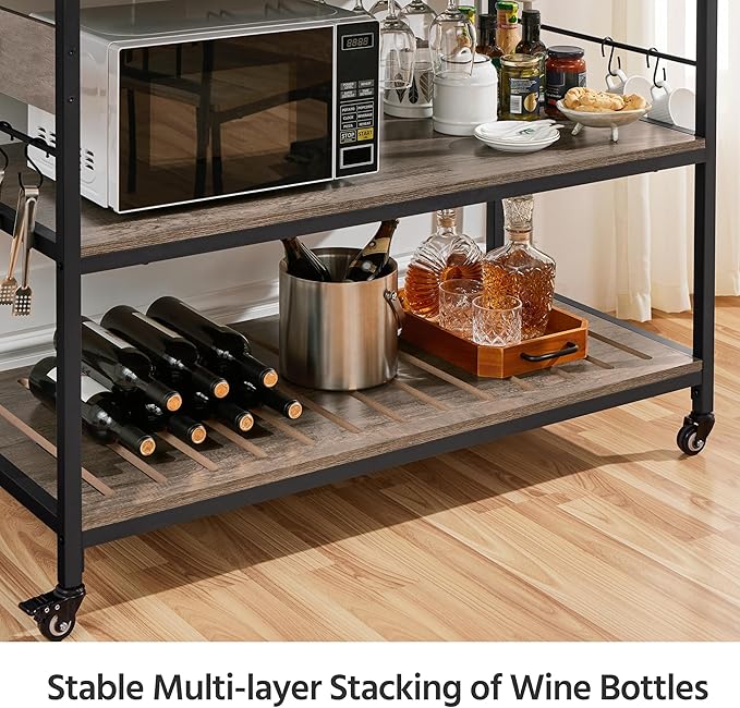 Yaheetech Kitchen Cart with Power Outlet, Rolling Kitchen Island on Wheels with Glass Holder & Hooks, Utility Trolley Cart Coffee Bar Microwave Stand Cart with Lockable Casters, Taupe Wood - LeafyLoom