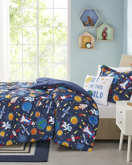 Mi Zone Kids Jason Cozy Comforter Outer Space Rocket Ships, Astronauts Print, All Season Cover, Hypoallergenic Bedding Set, Matching Sham, Decorative Pillow, Twin(66" Wx86 L), Multi 3 Piece - LeafyLoom