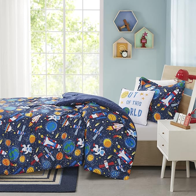 Mi Zone Kids Jason Cozy Comforter Outer Space Rocket Ships, Astronauts Print, All Season Cover, Hypoallergenic Bedding Set, Matching Sham, Decorative Pillow, Twin(66" Wx86 L), Multi 3 Piece - LeafyLoom