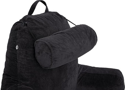 Husband Pillow XXL Black Backrest with Arms - Adult Reading Pillow with Shredded Memory Foam, Ultra-Comfy Removable Microplush Cover & Detachable Neck Roll - Unmatched Support Bed Rest Sit Up Pillow - LeafyLoom