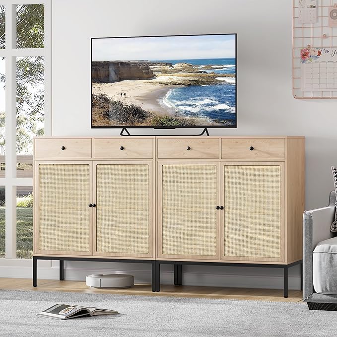 Brafab Rattan Cabinet Storage Sideboard Buffet Table Accent Console for Living Room Entryway Kitchen Dining Room 2 Drawers - LeafyLoom