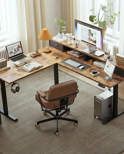 L shaped Electric Standing Desk with 2 Drawers, 63 Inch Ergonomic Adjustable Height Desk with Storage, Corner Desk Sit Stand up Computer Table for Work Office Home, Rustic Brown - LeafyLoom