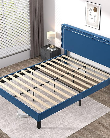 VECELO Full Size Platform Bed Frame with Height Adjustable Upholstered Headboard, Modern Mattress Foundation,Strong Wood Slat Support, No Box Spring Needed, Easy Assembly - LeafyLoom