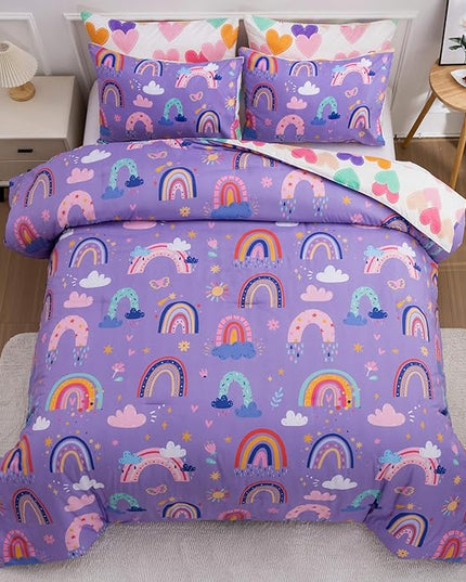 Btargot Lightweight Soft 3 Piece Rainbow Comforter Set with 2 Pillow Covers, Cartoon Love Hearts Flowers and Sun Star Bedding Set for Girls Boys Kids, Twin Dark Purple - LeafyLoom