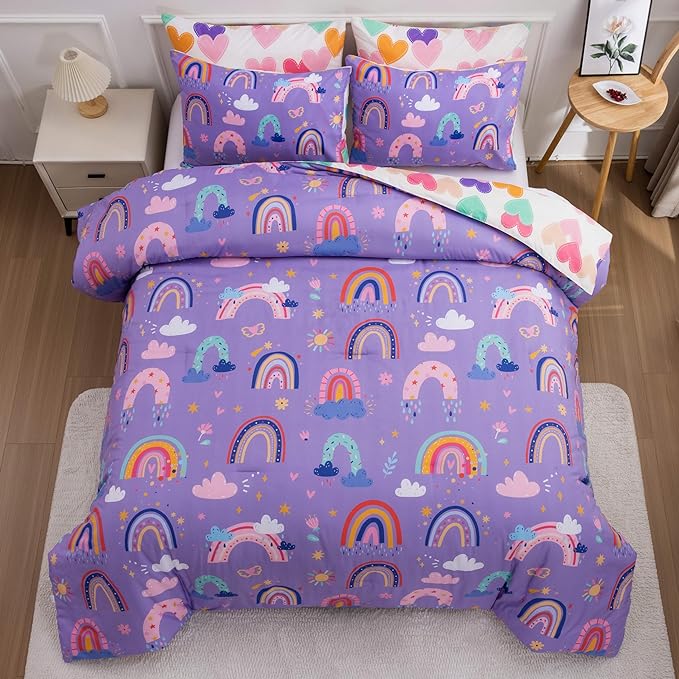 Btargot Lightweight Soft 3 Piece Rainbow Comforter Set with 2 Pillow Covers, Cartoon Love Hearts Flowers and Sun Star Bedding Set for Girls Boys Kids, Twin Dark Purple - LeafyLoom