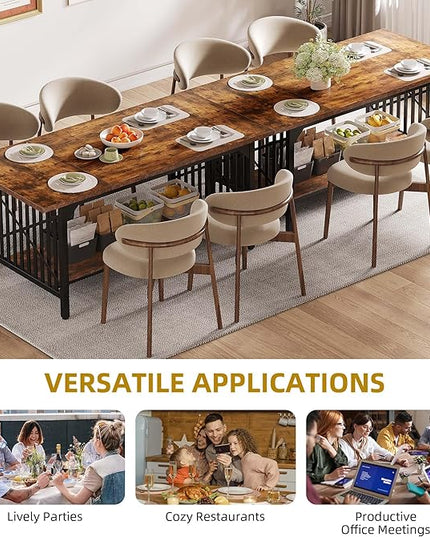 DWVO 70.8" Large Kitchen Dining Table for 6-8 People, Farmhouse Industrial Kitchen Table with Storage, Rectangle Apartment Dinning Room Dinette Tables for Eating Dinner, Rustic Brown - LeafyLoom