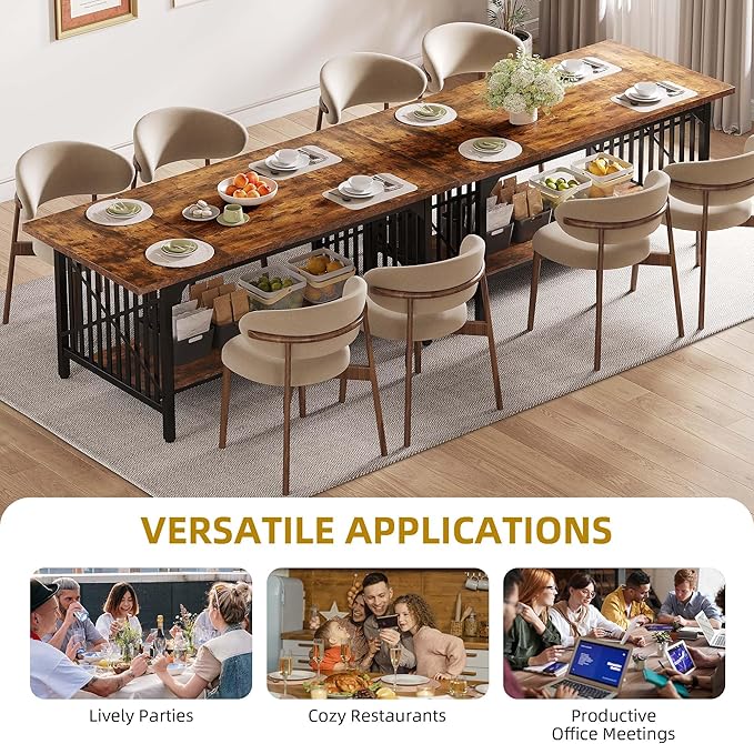 DWVO 70.8" Large Kitchen Dining Table for 6-8 People, Farmhouse Industrial Kitchen Table with Storage, Rectangle Apartment Dinning Room Dinette Tables for Eating Dinner, Rustic Brown - LeafyLoom