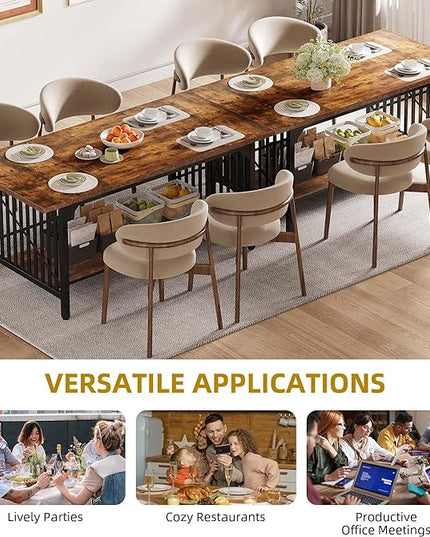 DWVO 70.8" Large Kitchen Dining Table for 6-8 People, Farmhouse Industrial Kitchen Table with Storage, Rectangle Apartment Dinning Room Dinette Tables for Eating Dinner, Rustic Brown - LeafyLoom