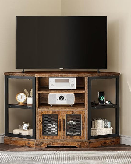 YITAHOME Corner TV Stand for TVs up to 55 Inch with Power Outlet, Modern Farmhouse Entertainment Center, Wood TV Media Console with Storage Cabinets Shelves for Living Room, Retro Brown - LeafyLoom