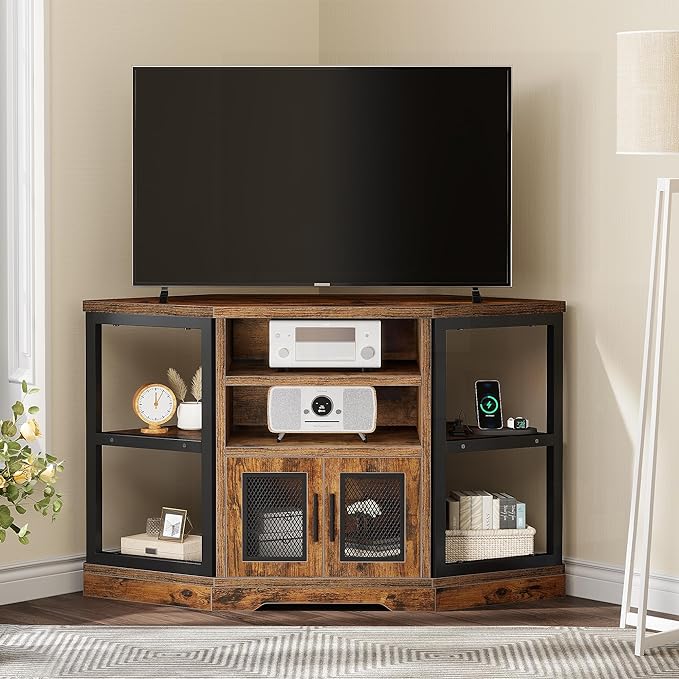 YITAHOME Corner TV Stand for TVs up to 55 Inch with Power Outlet, Modern Farmhouse Entertainment Center, Wood TV Media Console with Storage Cabinets Shelves for Living Room, Retro Brown - LeafyLoom