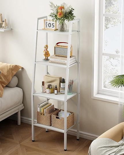 Hoctieon Ladder Shelf Bookcase, 4-Tier Ladder Bookshelf, Tall Bookshelf with Metal Frame, Industrial Bookshelf Ladder, for Living Room, Kitchen, Home Office, Bedroom, Simple Assembly, White - LeafyLoom