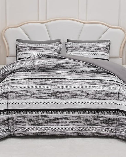 Striped Queen Size Comforter Set, Grey Black 3 PCS Microfiber Soft Lightweight Bedding Set - LeafyLoom