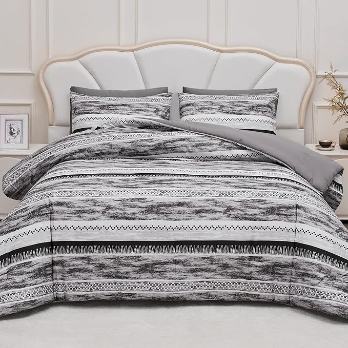 Striped Queen Size Comforter Set, Grey Black 3 PCS Microfiber Soft Lightweight Bedding Set - LeafyLoom