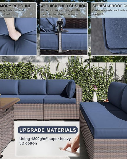 Kullavik 13PCS Outdoor Patio Furniture Set,PE Wicker Rattan Sectional Sofa Patio Conversation Sets with 43" 55000BTU Gas Propane Fire Pit Table,Swivel Rocking Chairs Set,Navy Blue - LeafyLoom