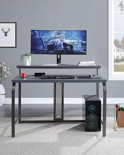 OSP Home Furnishings Reload Gaming Desk with Wireless Charging, USB Power Hub, and Remote Controlled RGB LED Lights, Matte Grey Carbon Fiber - LeafyLoom