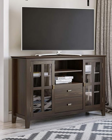SIMPLIHOME Artisan SOLID WOOD Universal TV Media Stand, 53 inch Wide, Transitional, Living Room Entertainment Center, Storage Shelves and Cabinets, for Flat Screen TVs up to 60 inches in Tobacco Brown - LeafyLoom