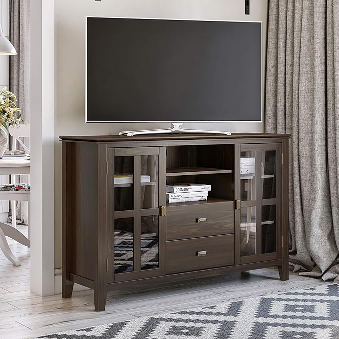 SIMPLIHOME Artisan SOLID WOOD Universal TV Media Stand, 53 inch Wide, Transitional, Living Room Entertainment Center, Storage Shelves and Cabinets, for Flat Screen TVs up to 60 inches in Tobacco Brown - LeafyLoom