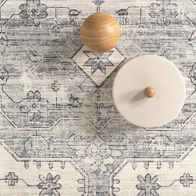 nuLOOM 4x6 Machine Washable Rain Haven Vintage Medallion Area Rug, Light Grey, Traditional Faded Design, Non-Slip Backing, Stain Resistant, For Bedroom, Dining Room, Living Room, Kitchen - LeafyLoom
