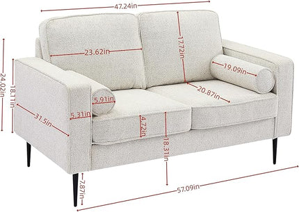 Upholstered Loveseat Sofa Modern Small 2-Seater Couch with Metal Legs for Livingroom Bedroom, Including 2 Bolster Pillows, White - LeafyLoom