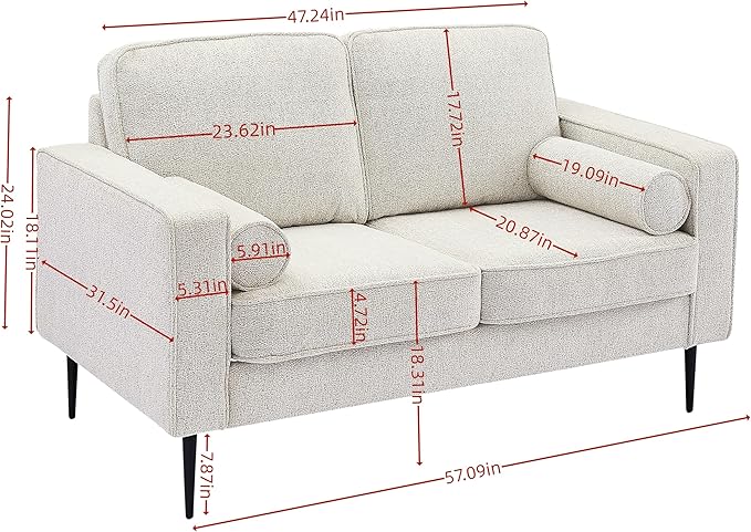 Upholstered Loveseat Sofa Modern Small 2-Seater Couch with Metal Legs for Livingroom Bedroom, Including 2 Bolster Pillows, White - LeafyLoom