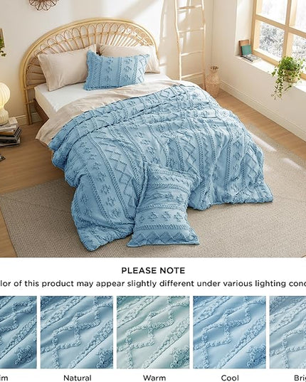 Bedsure Tufted Boho Comforter Set Full - Dusty Blue Boho Bedding Comforter Set, 3 Pieces Farmhouse Shabby Chic Embroidery Bed Set, Soft Jacquard Comforter for All Seasons - LeafyLoom